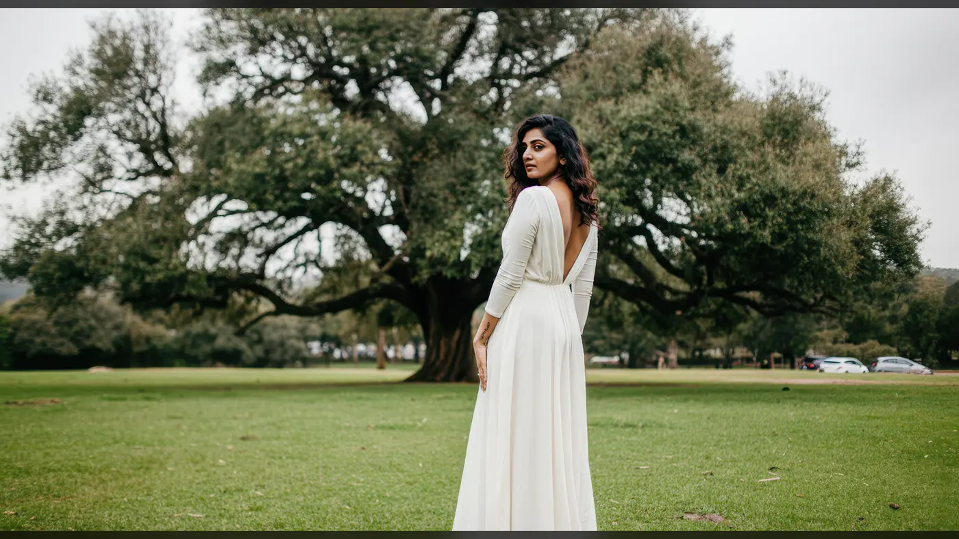Elegant Woman in Backless White Dress Outdoors