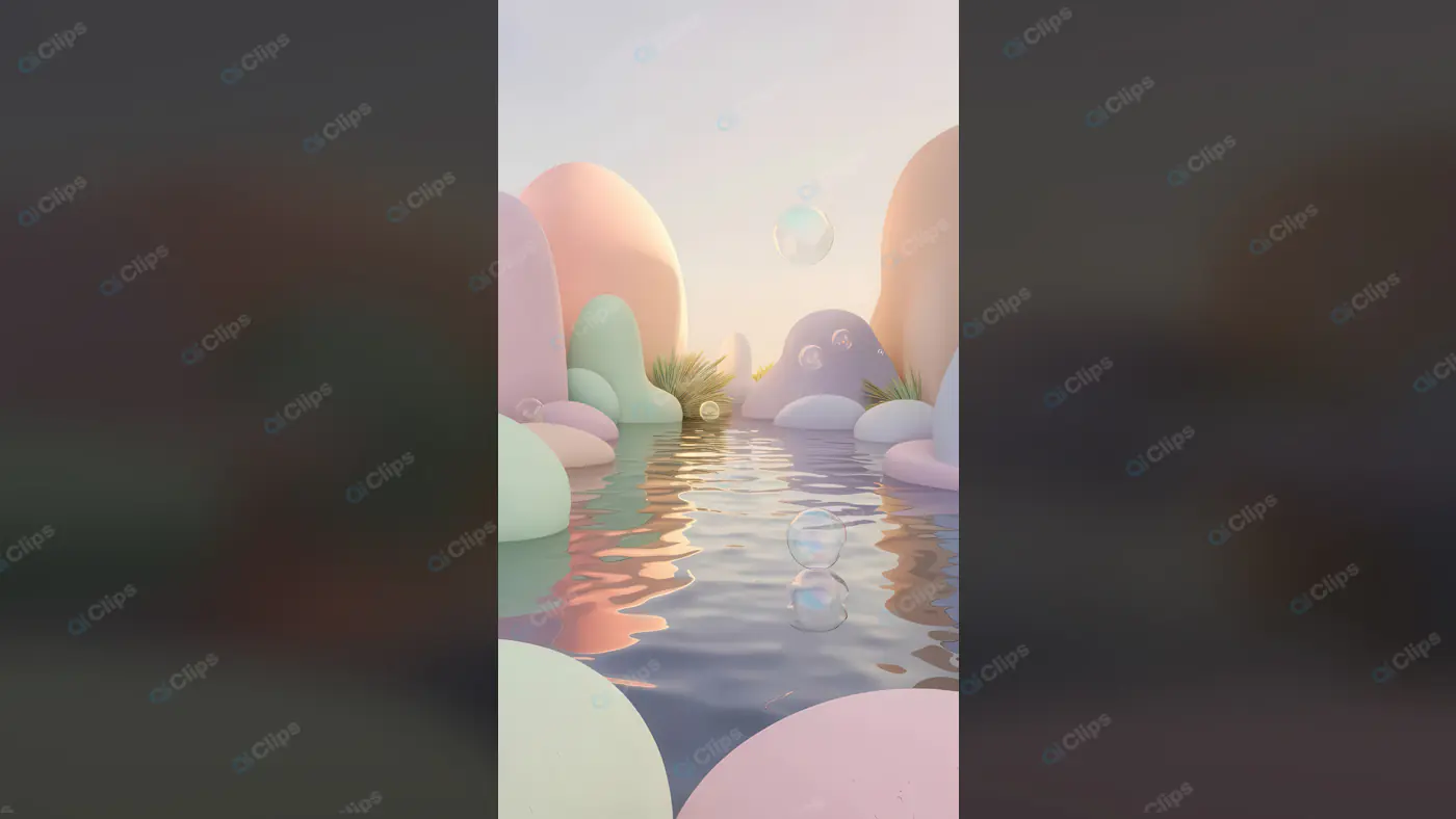 Whimsical Pastel Fantasy Landscape with Bubbles and Water