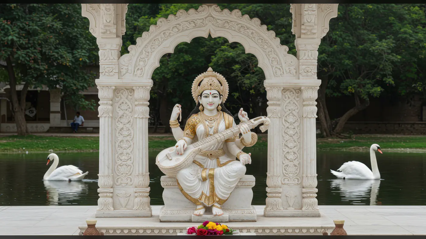 Goddess Saraswati Marble Idol with Veena at Temple Pavilion