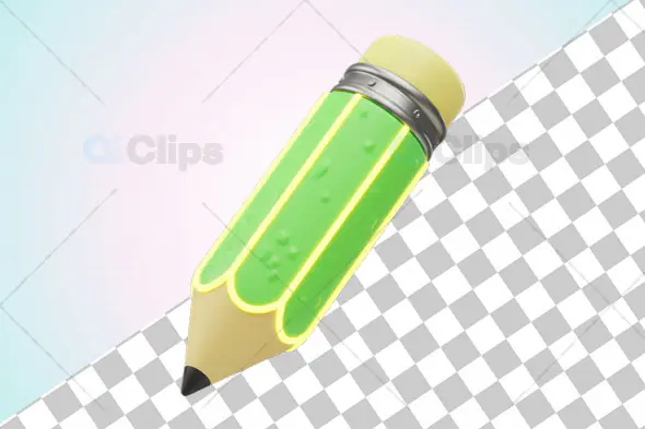 3D Green Pencil with Yellow Eraser and Transparent Background