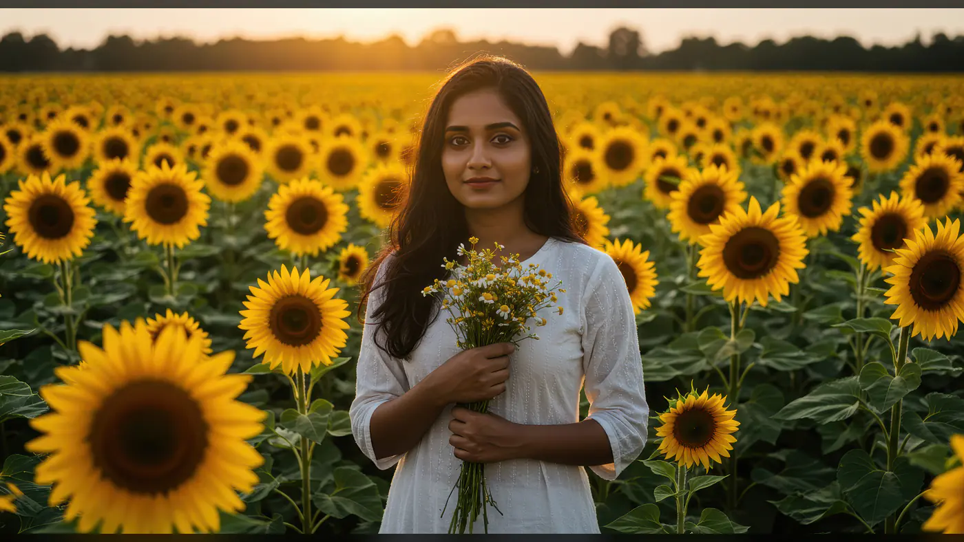 Indian Woman in White Dress Holding Flowers in a Sunflower Field