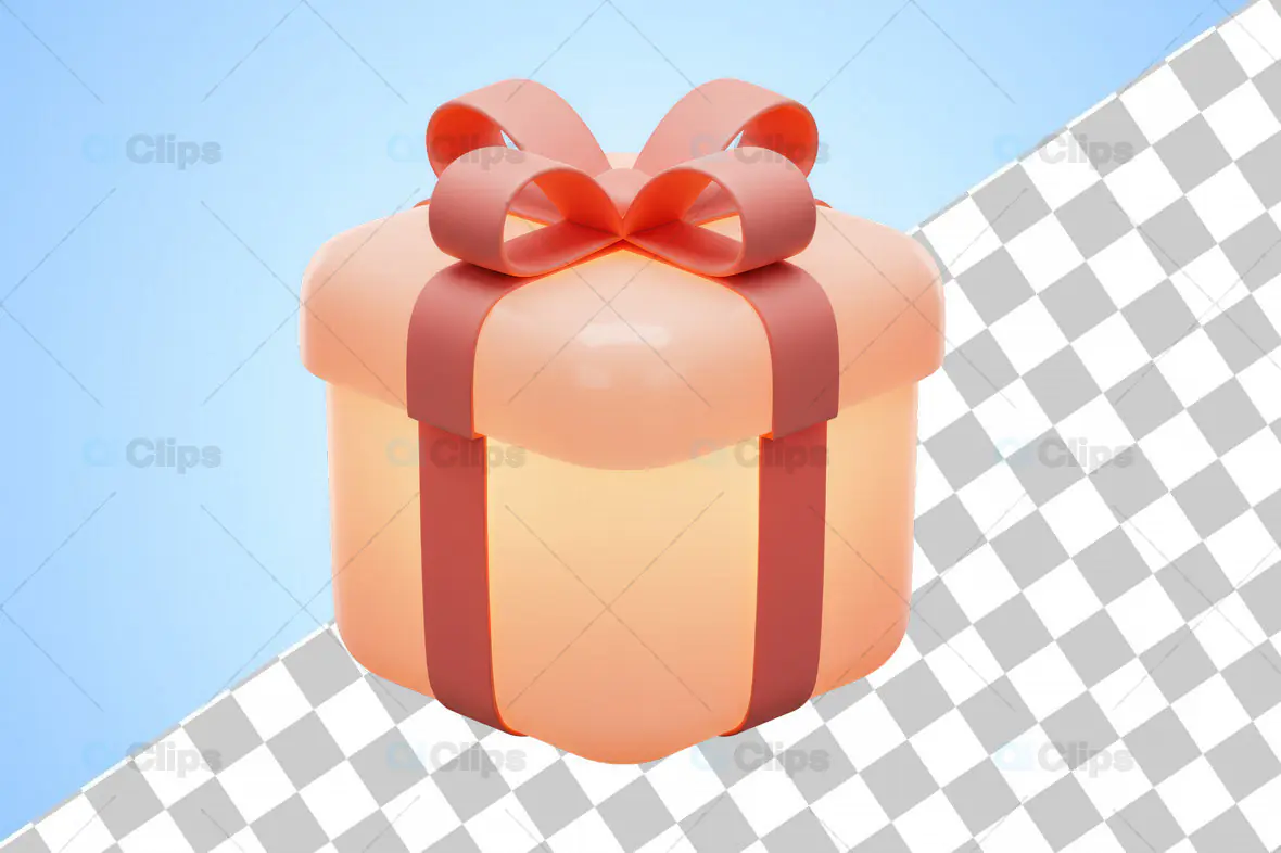 3D Peach Gift Box with Red Ribbon and Transparent Background