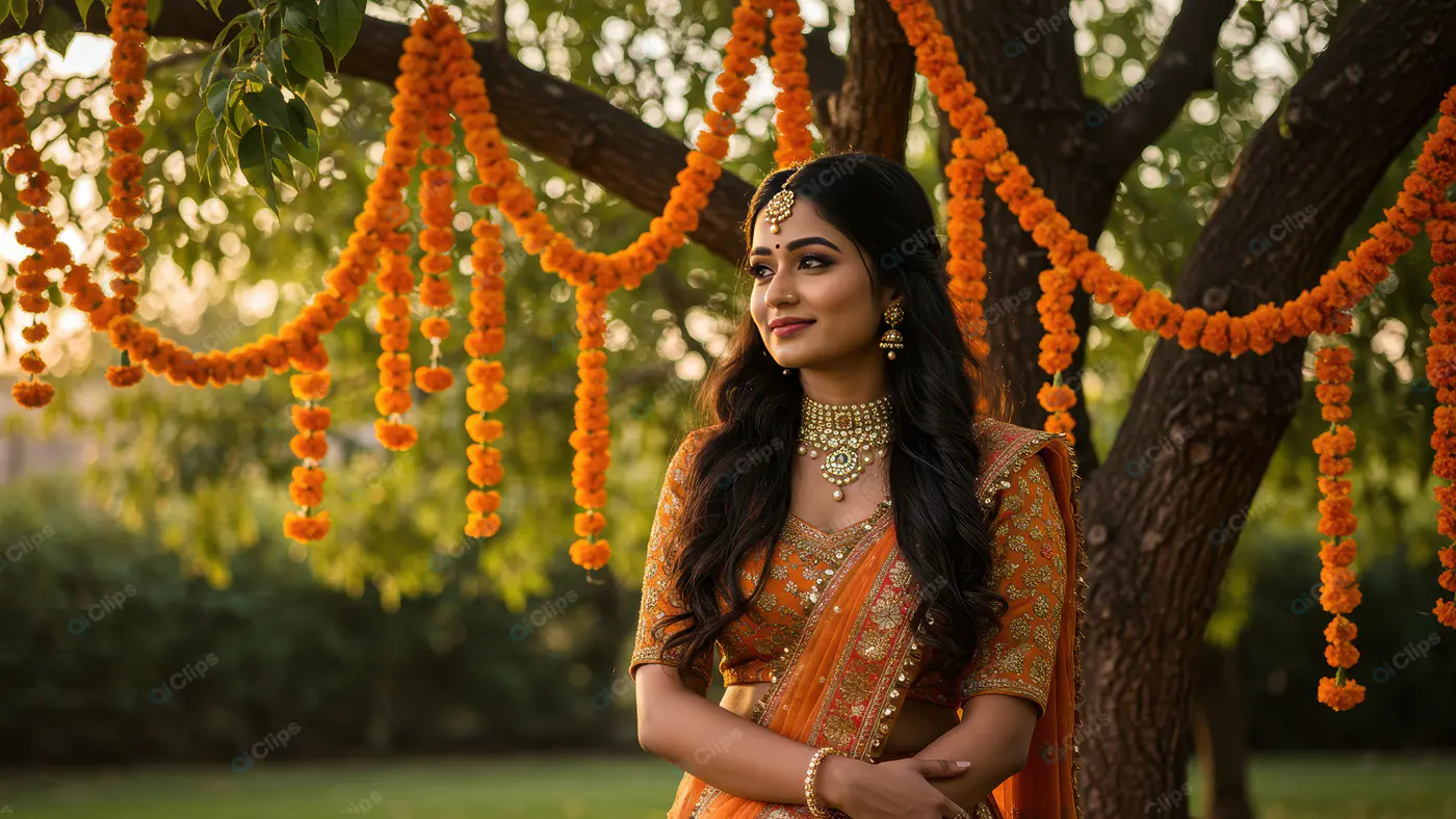 Beautiful Indian Woman in Festive Attire with Marigold Decorations at Outdoor Ceremony
