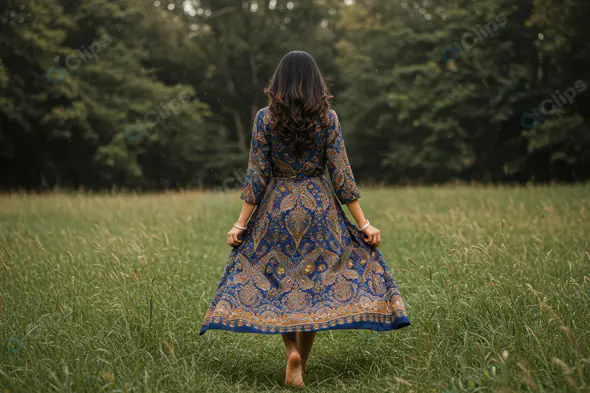 Indian Woman in Traditional Blue Dress Walking Barefoot in Nature – Serene Outdoor Scene