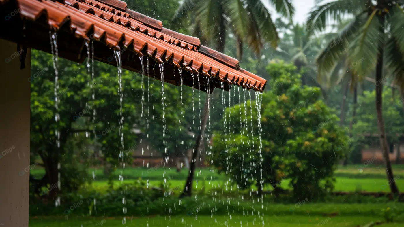 Traditional Indian Village House Roof in Monsoon Rainfall – Nature Scene