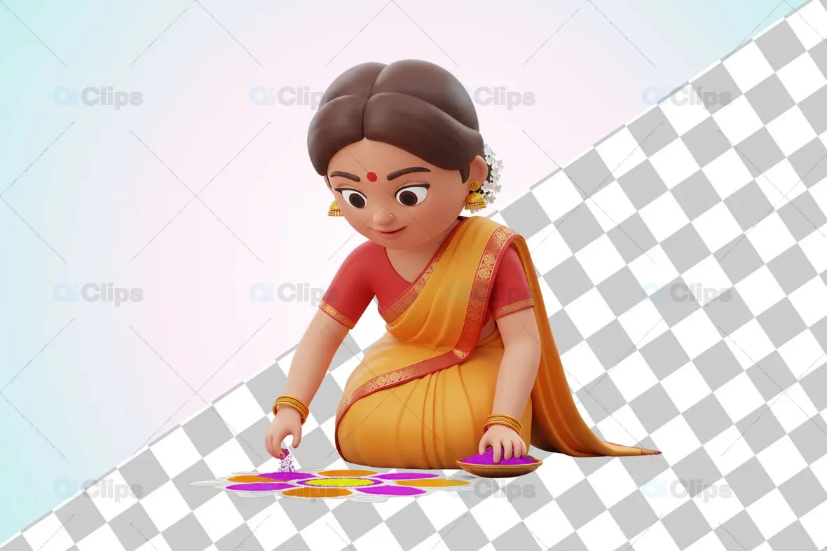 3D Indian Woman Making Rangoli