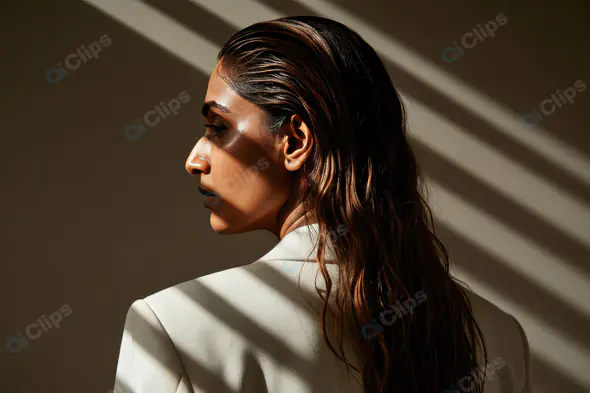 Elegant Woman in White Blazer with Wet Hair in Dramatic Lighting