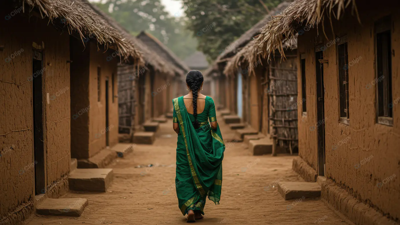 Traditional Indian Woman Walking Through Rustic Village Lane