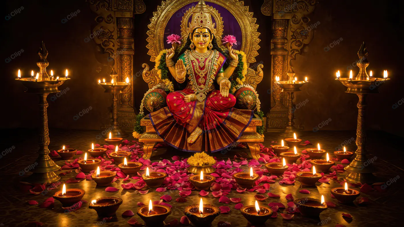 Goddess Lakshmi Idol with Diyas and Petals for Diwali Puja Decoration