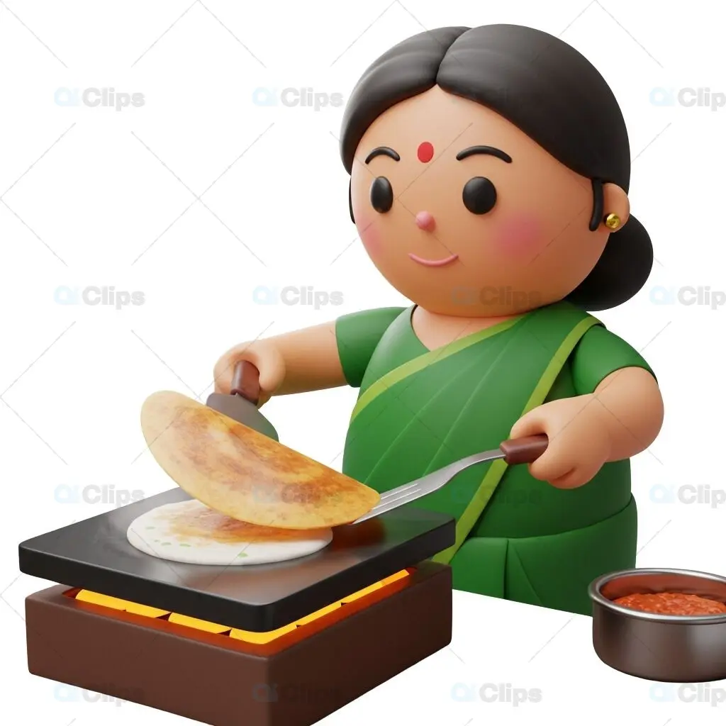 South Indian Woman Cooking Dosa - 3D Illustration