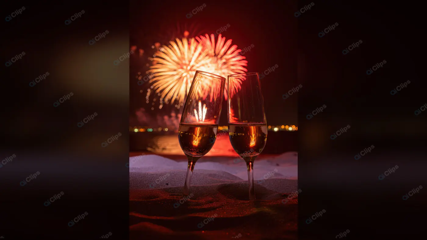 Champagne Toast on Beach with Fireworks at Night