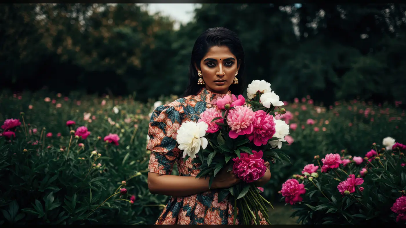 Elegant Indian Woman Holding a Bouquet of Flowers in a Garden