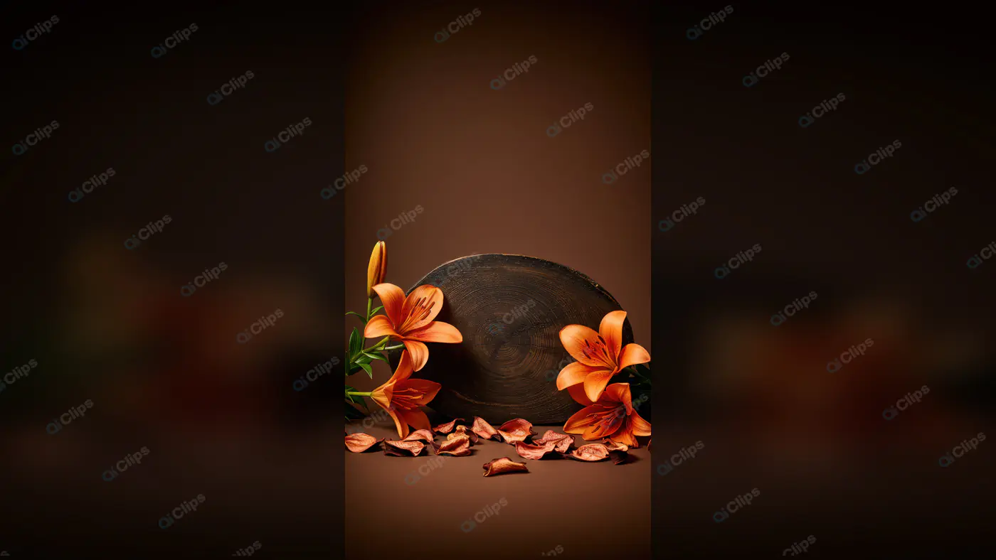 Dark Wood Floral Mockup with Orange Lilies and Petals