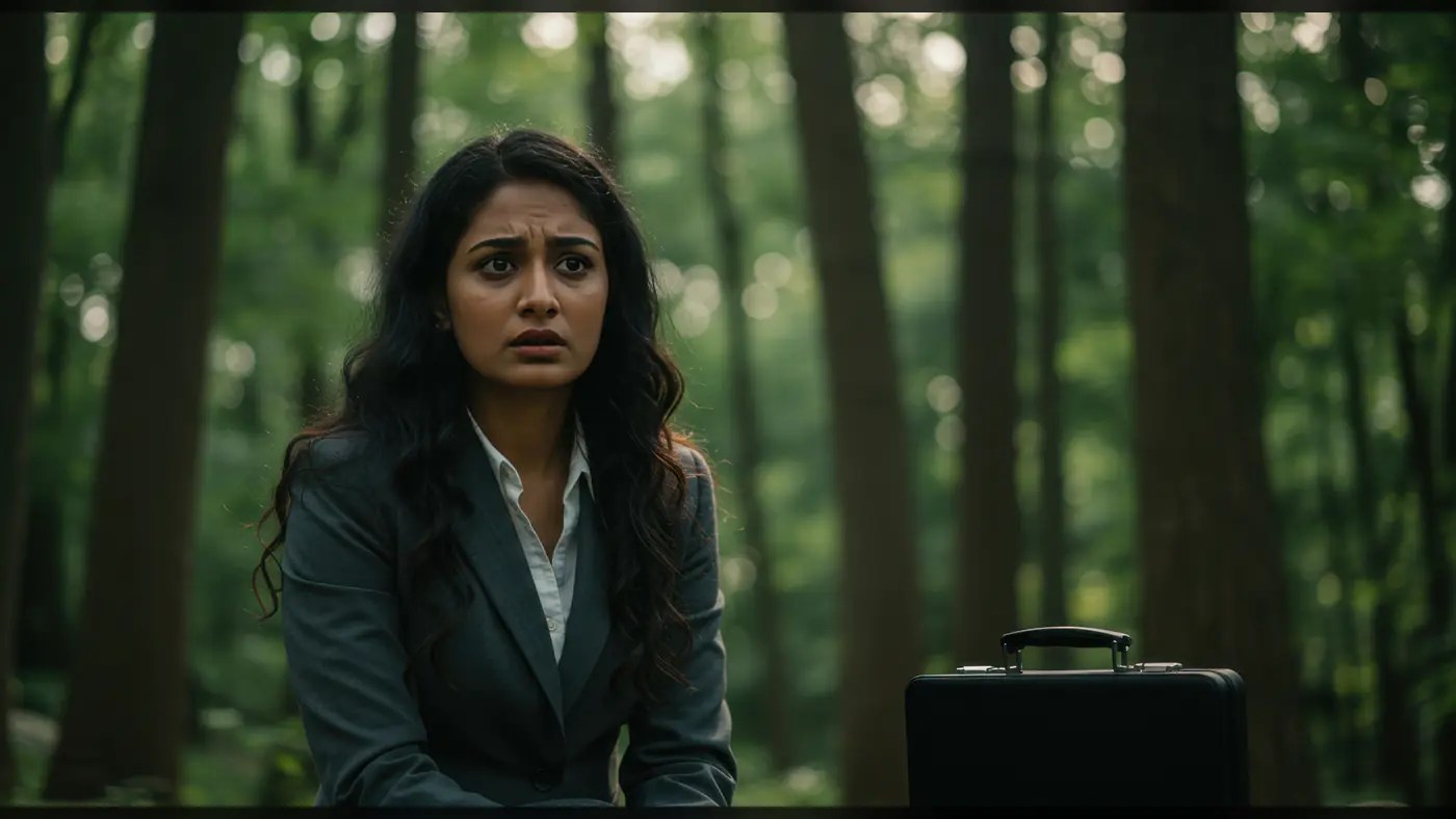 Worried Indian Businesswoman in Formal Suit Sitting Alone in Forest with Briefcase