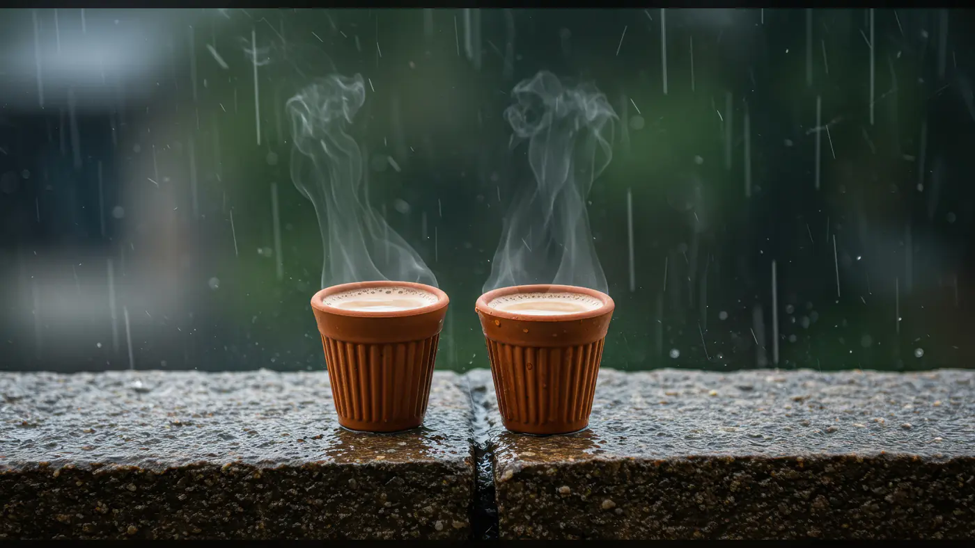 Steaming Hot Chai in Clay Cups During Rainy Season – Cozy Monsoon Vibes