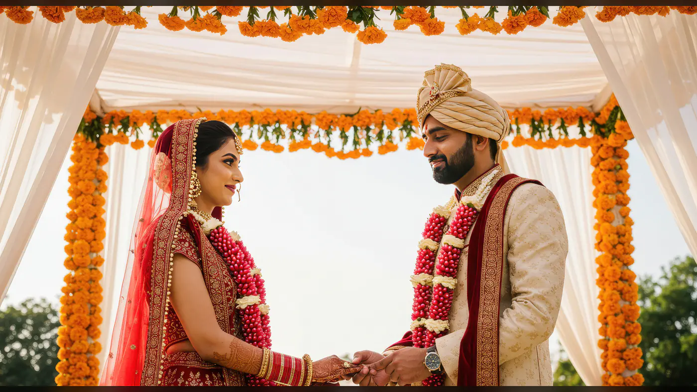 Traditional Indian Wedding Ceremony with Bride and Groom Exchanging Vows