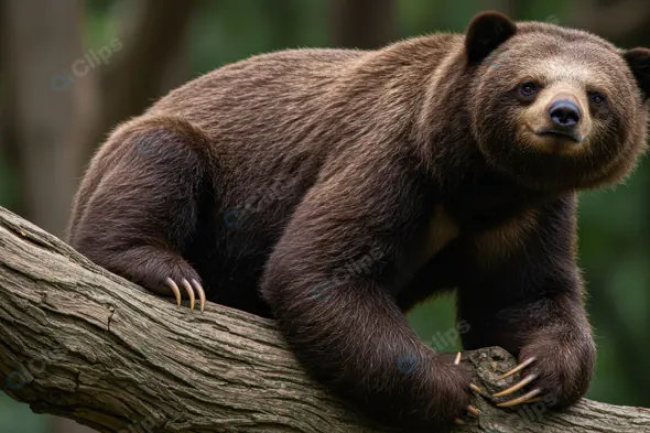 Brown Bear Balancing on Tree Branch in Forest Habitat