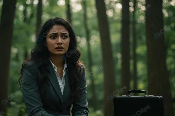 Worried Indian Businesswoman in Formal Suit Sitting Alone in Forest with Briefcase