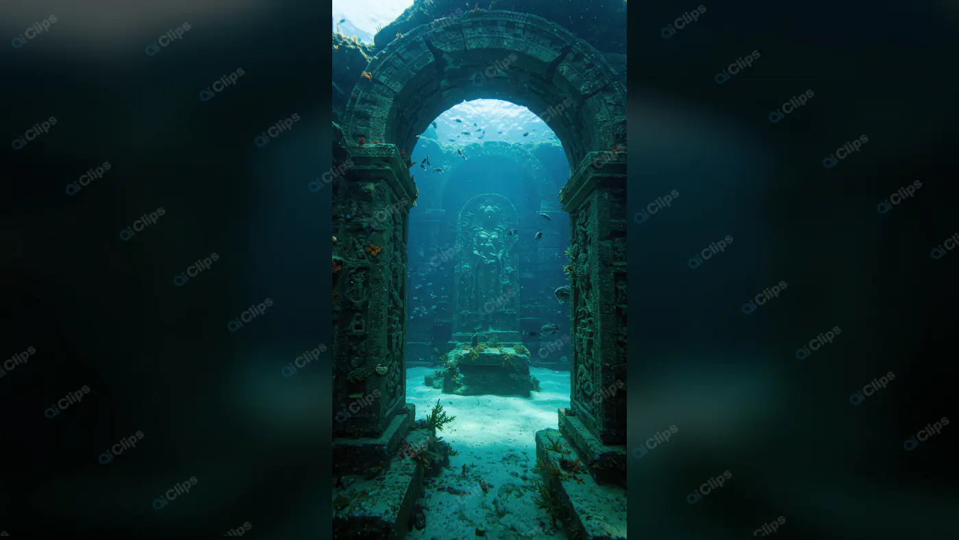 Mystical Underwater Ancient Temple Ruins with Fish Swimming Around