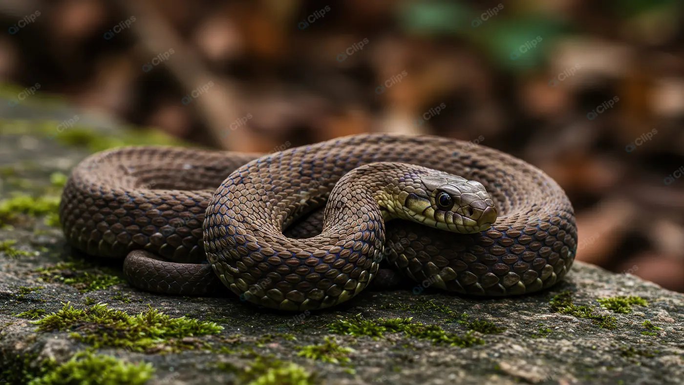 Coiled Brown Snake Resting on Mossy Rock in Nature