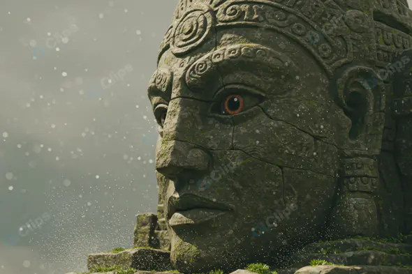 Giant Ancient Stone Face Statue with Mystical Atmosphere and Falling Particles