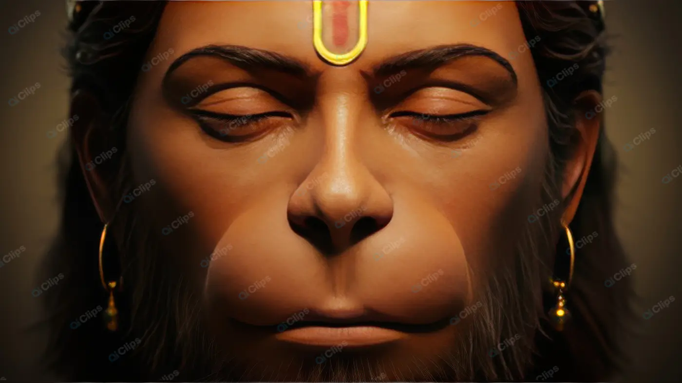 Peaceful Close-Up of Lord Hanuman’s Face with Gold Tilak and Earrings