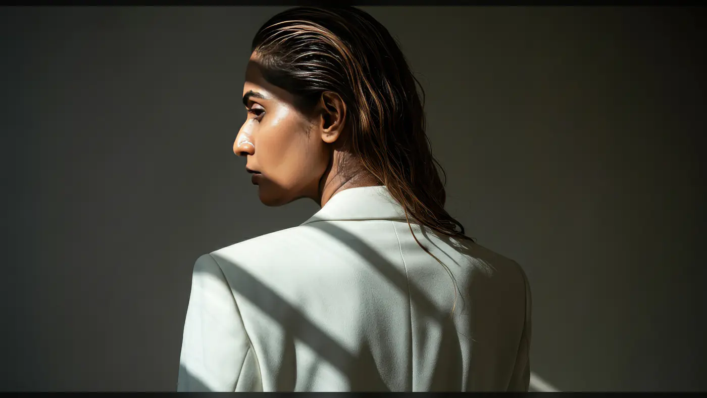 Stylish Woman in White Blazer with Wet Hair and Dramatic Shadows