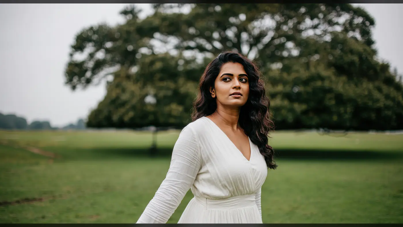 Elegant Woman in White Dress Walking in Nature