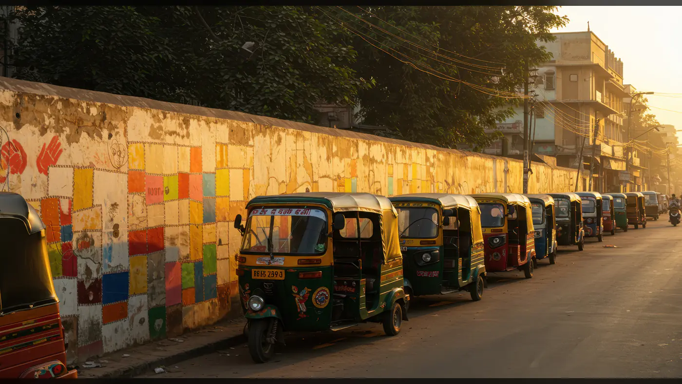 Line of Auto Rickshaws Parked Along Colorful Urban Street – Indian Transportation Photo