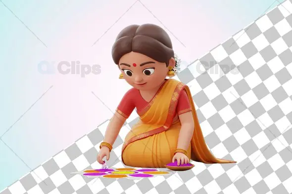 3D Indian Woman Making Rangoli