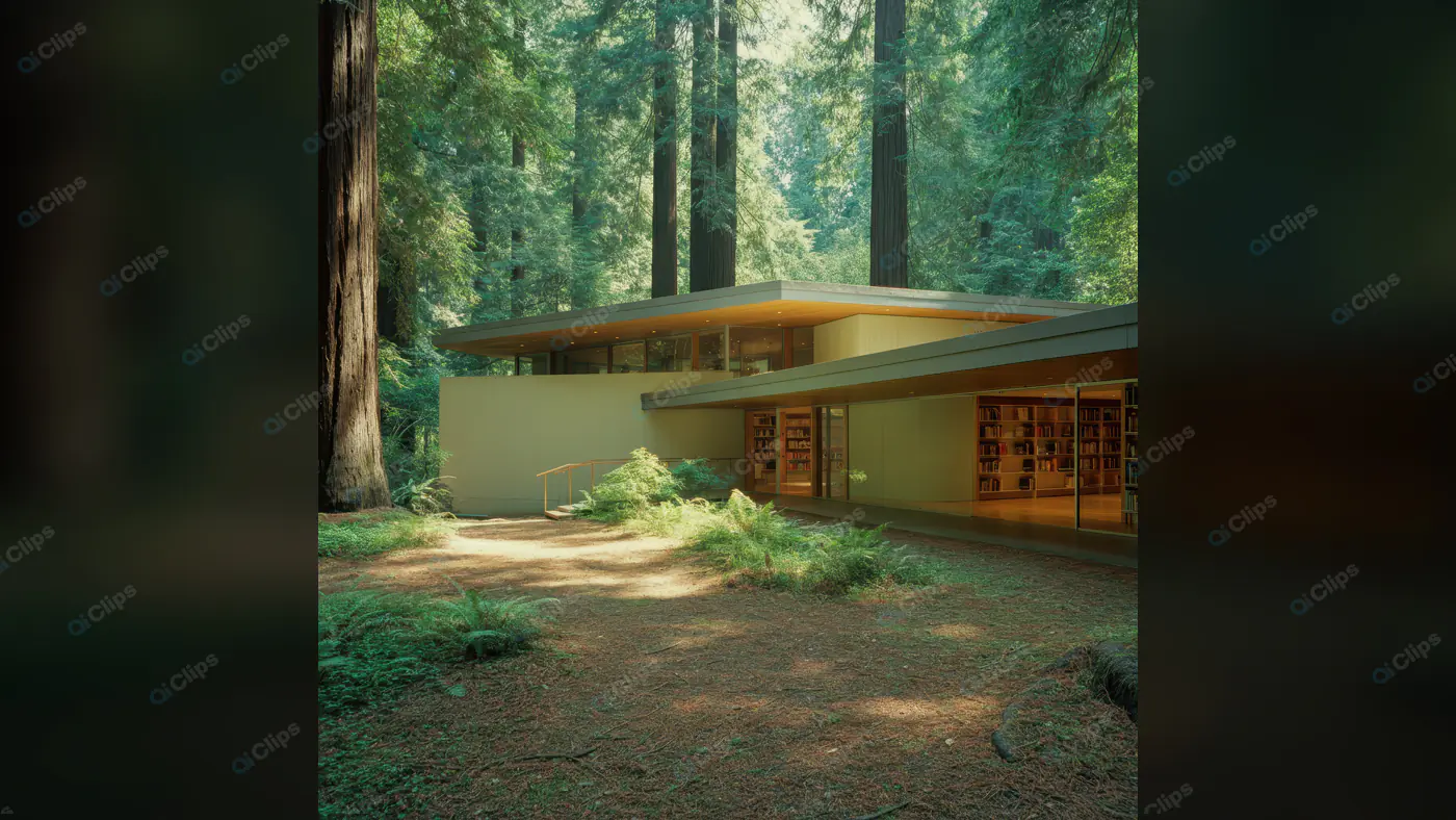 Modern Library in the Forest with Glass Walls and Wooden Accents