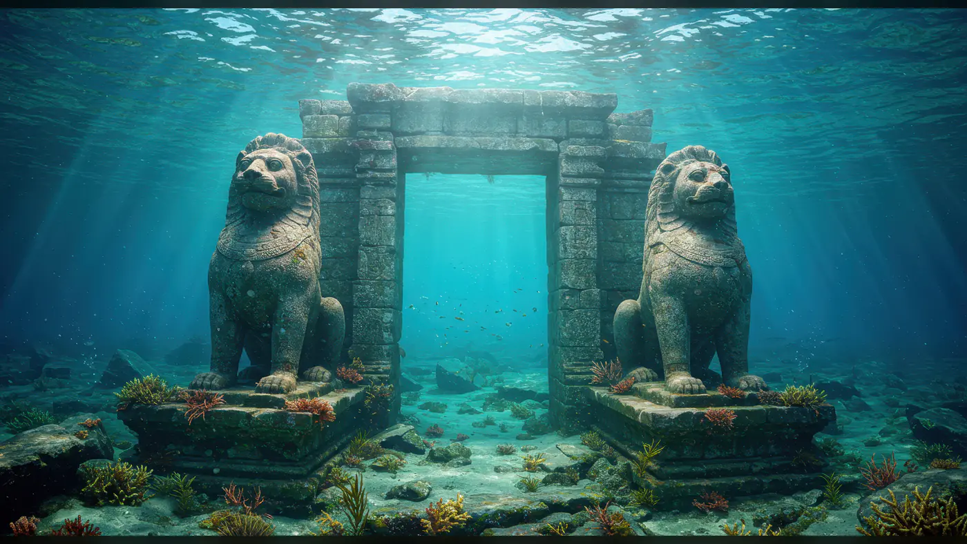 Ancient Underwater Temple Gate with Guardian Lion Statues
