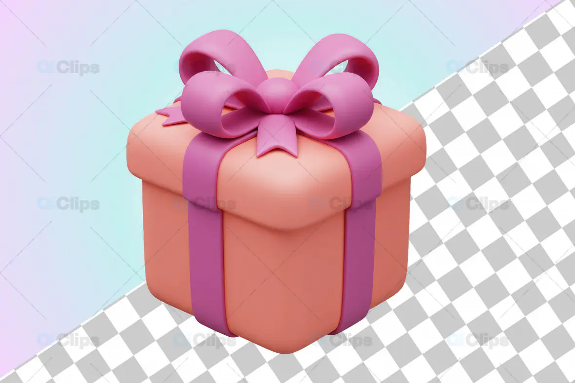 3D Peach Gift Box with Pink Ribbon and Transparent Background