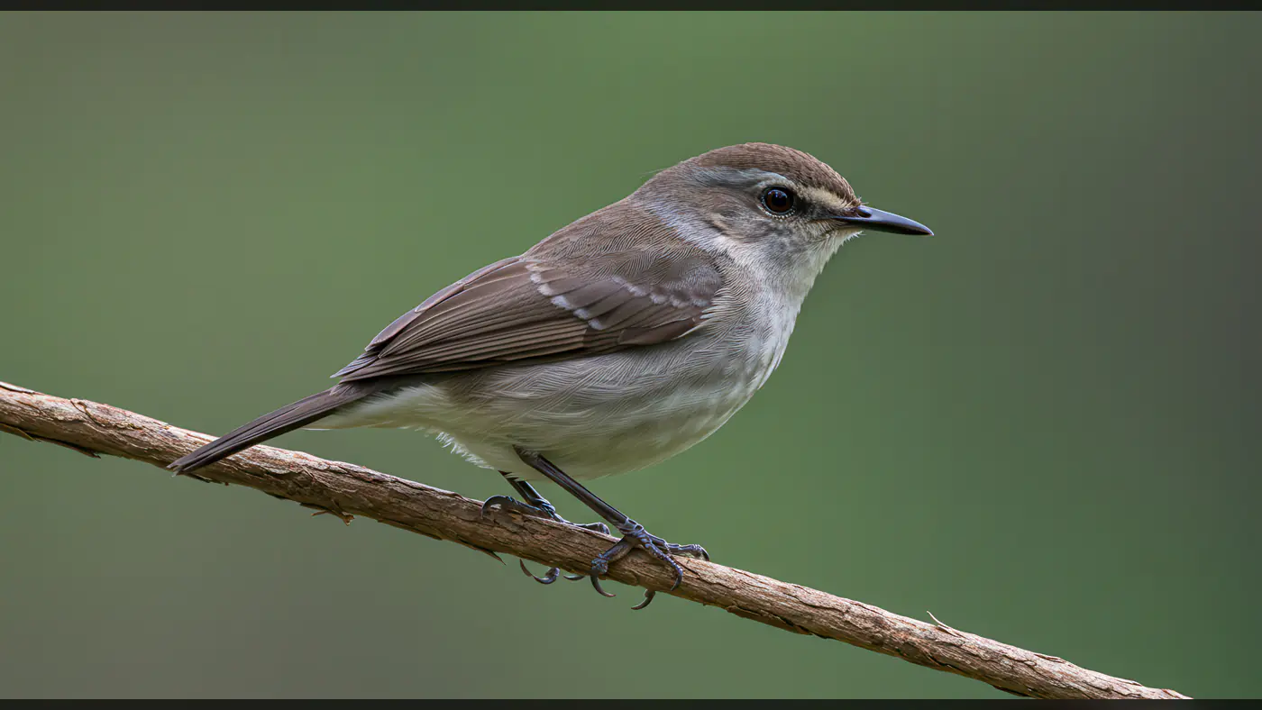 Close-Up of Small Brown Songbird on a Branch with Green Background