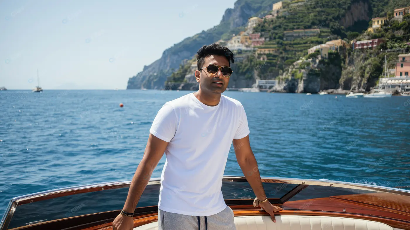 Man Relaxing on a Luxury Boat with Coastal View