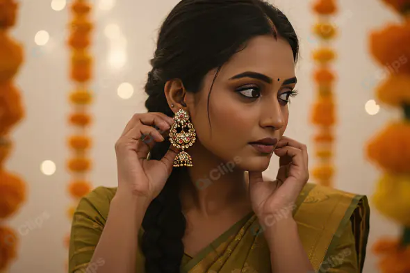 Elegant Indian Woman Wearing Festive Earrings – Traditional Look with Marigold Decor Backdrop