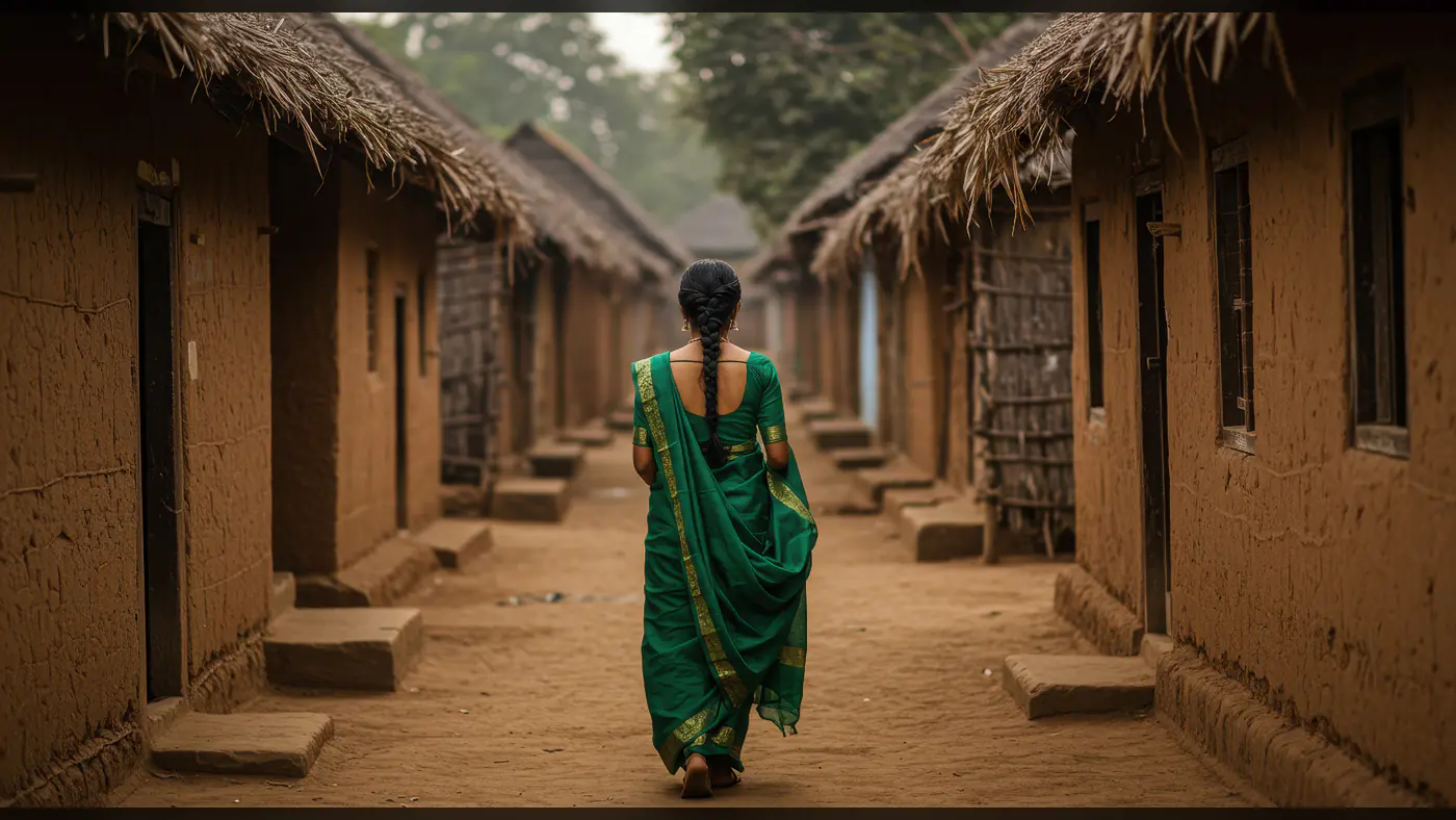 Traditional Indian Woman Walking Through Rustic Village Lane