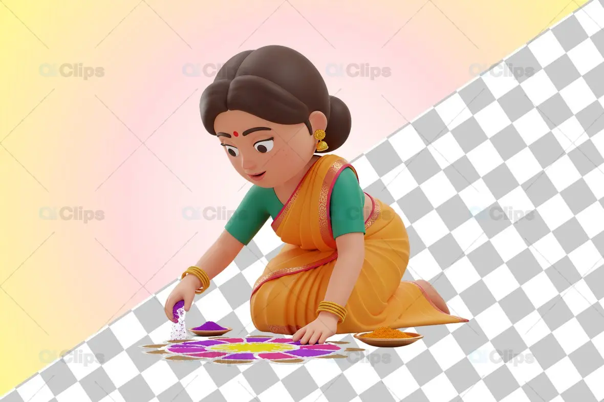 3D Indian Woman Designing Rangoli