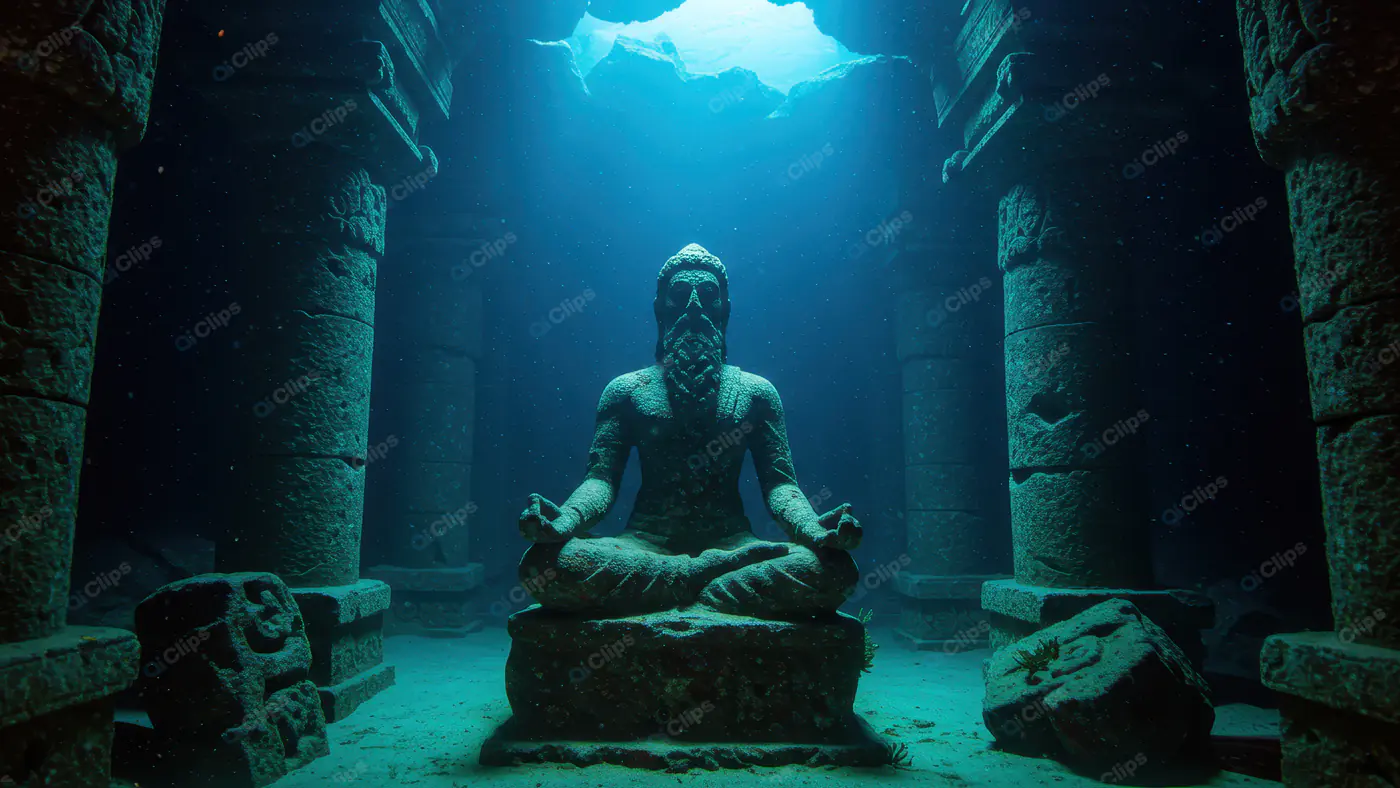 Ancient Underwater Statue in Sunken Temple Ruins