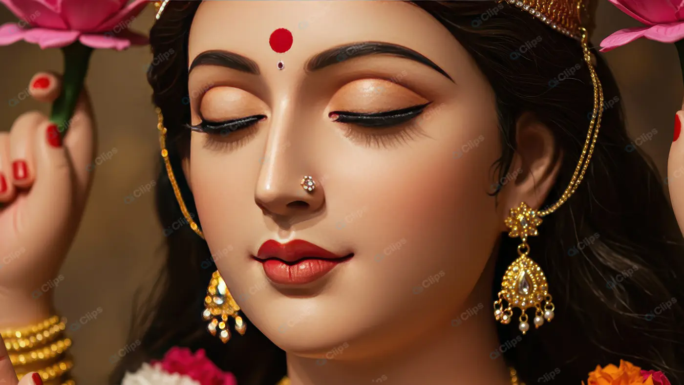 Graceful Portrait of Indian Goddess Devi Holding Lotus Flowers