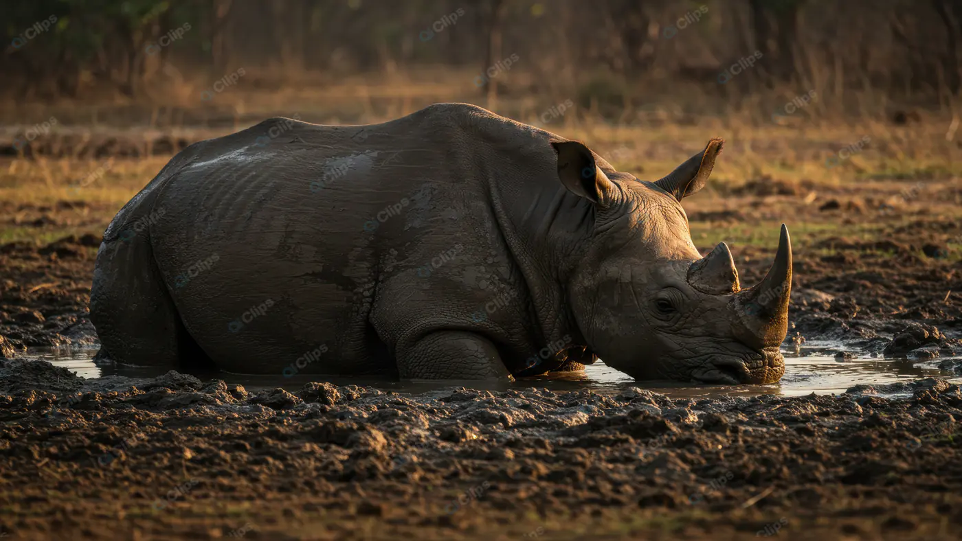Wild Rhinoceros Cooling in Muddy Waterhole at Sunset