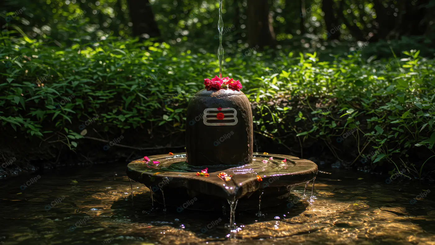 Sacred Shiva Lingam with Flowers and Water in Nature