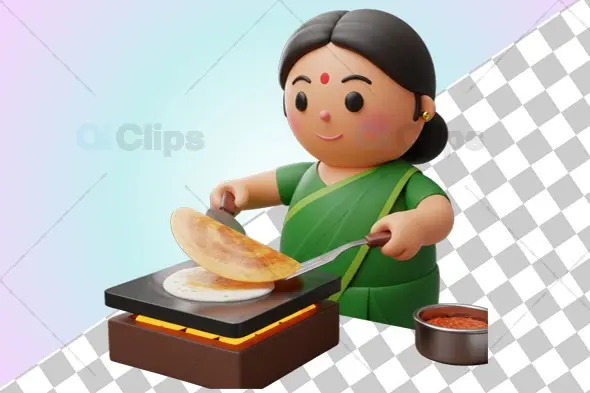 South Indian Woman Cooking Dosa - 3D Illustration