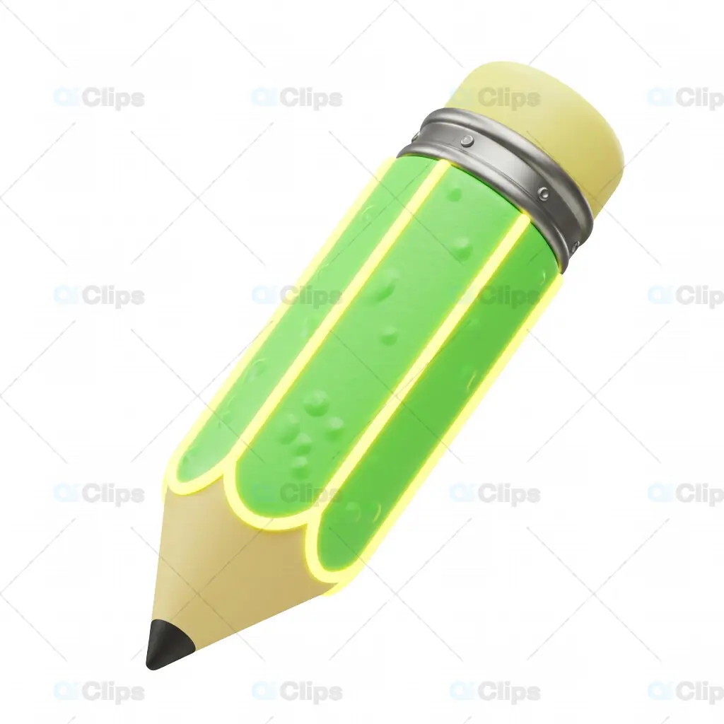 3D Green Pencil with Yellow Eraser and Transparent Background