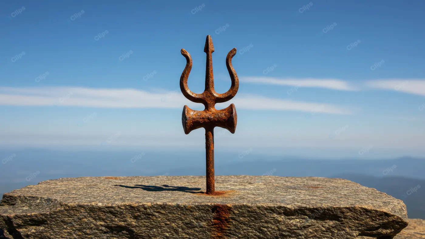 Rustic Trishul on Stone Platform with Clear Sky Background