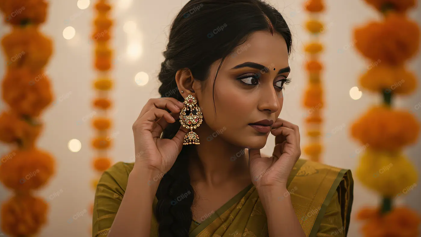 Elegant Indian Woman Wearing Festive Earrings – Traditional Look with Marigold Decor Backdrop