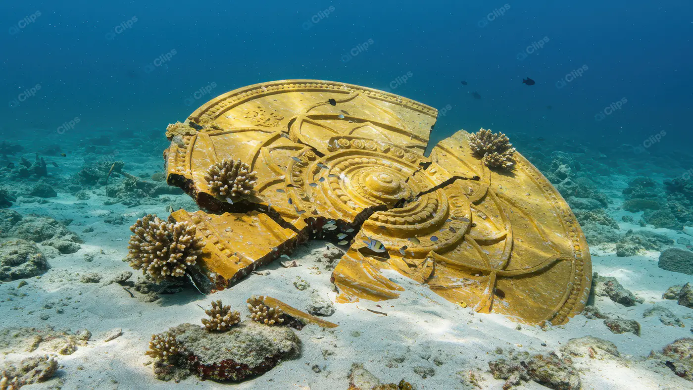 Ancient Broken Artifact Resting on Ocean Floor with Corals