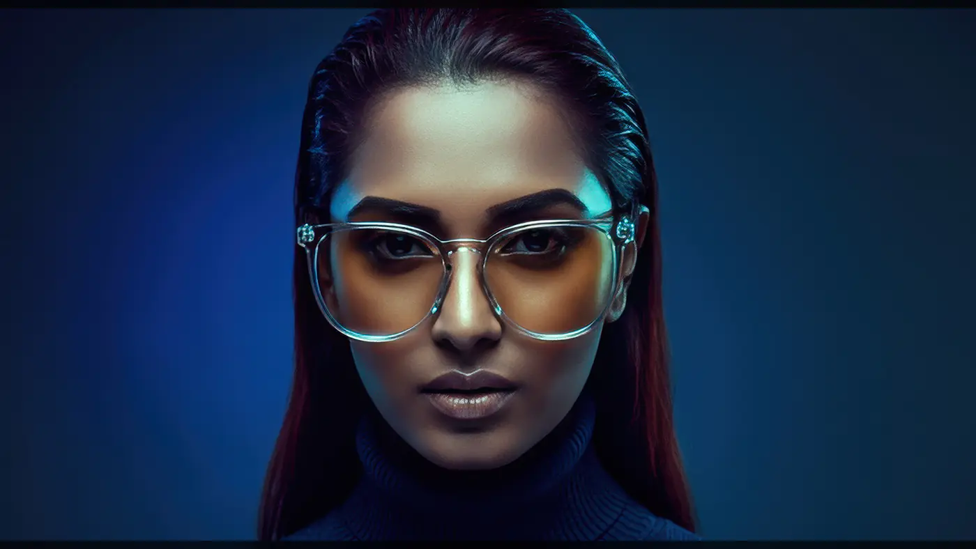 Confident Woman in Trendy Glasses with Dark Background