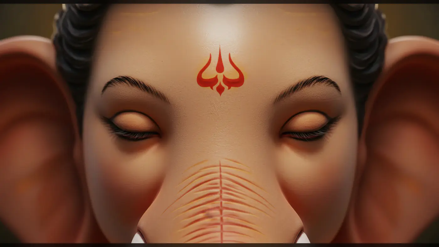 Close-Up of Lord Ganesh’s Serene Face with Trishul Symbol