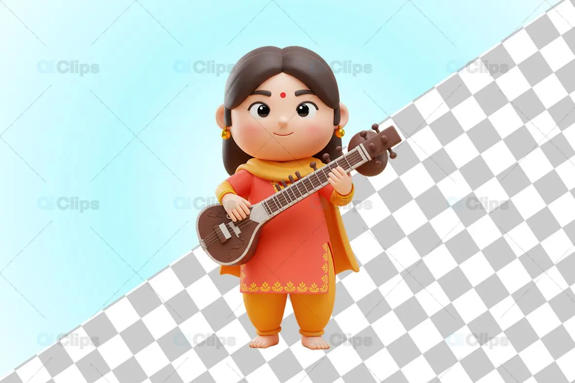 Indian Woman Playing Sitar - 3D Illustration